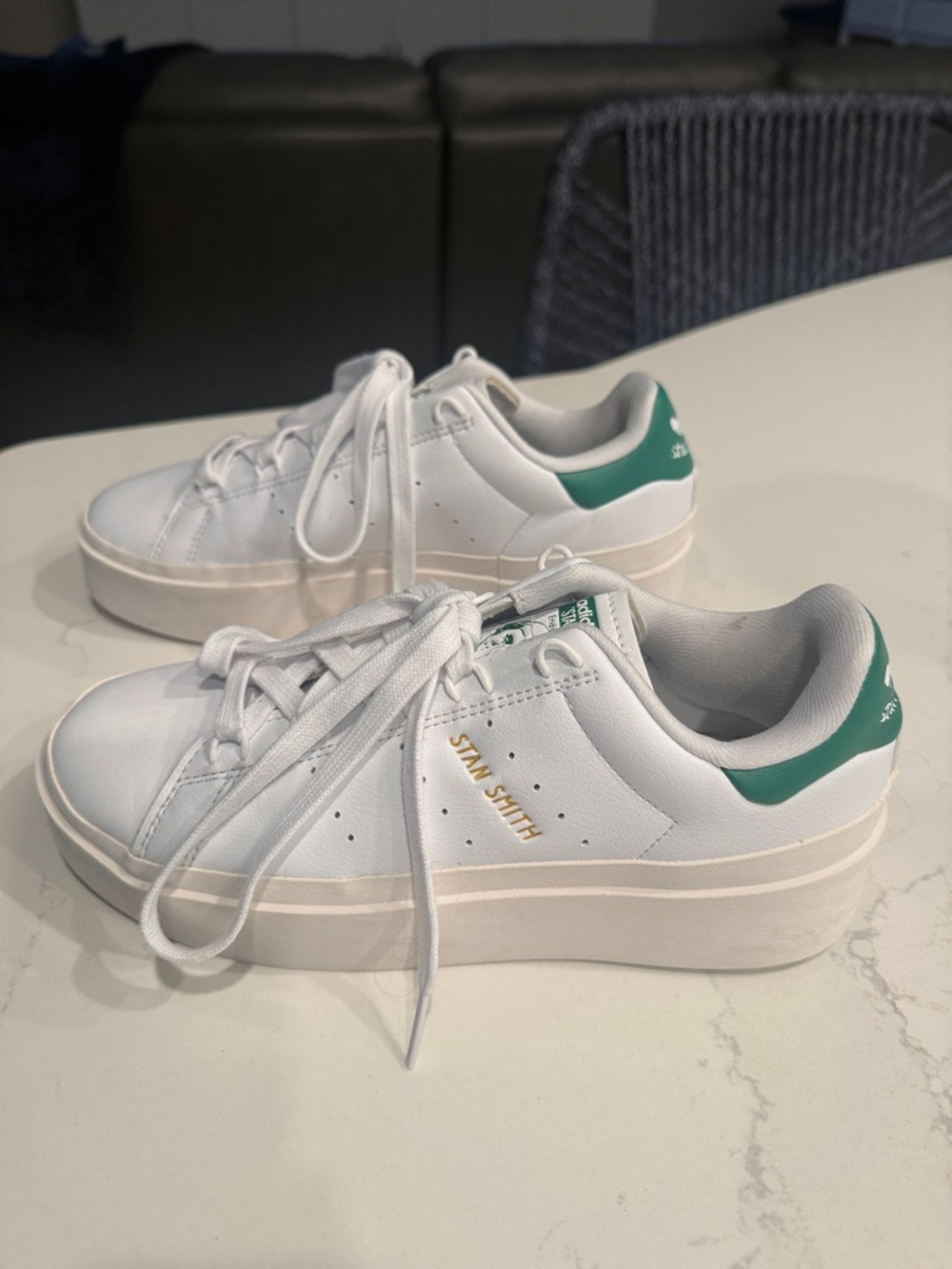 adidas White Sneakers with Green Heel Tab - Platform Style